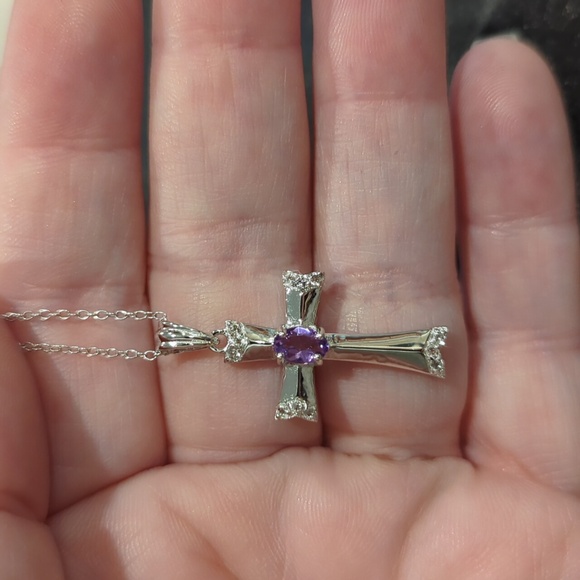 New Sigal Sterling silver Gem Cross pendant with an amethyst and silver necklace - Picture 2 of 3